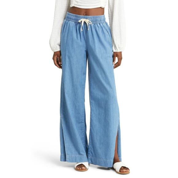 Frame Denim Pants - FRAME Cotton & Linen Drawstring Lounge Pants Encore Blue Denim Size S/P